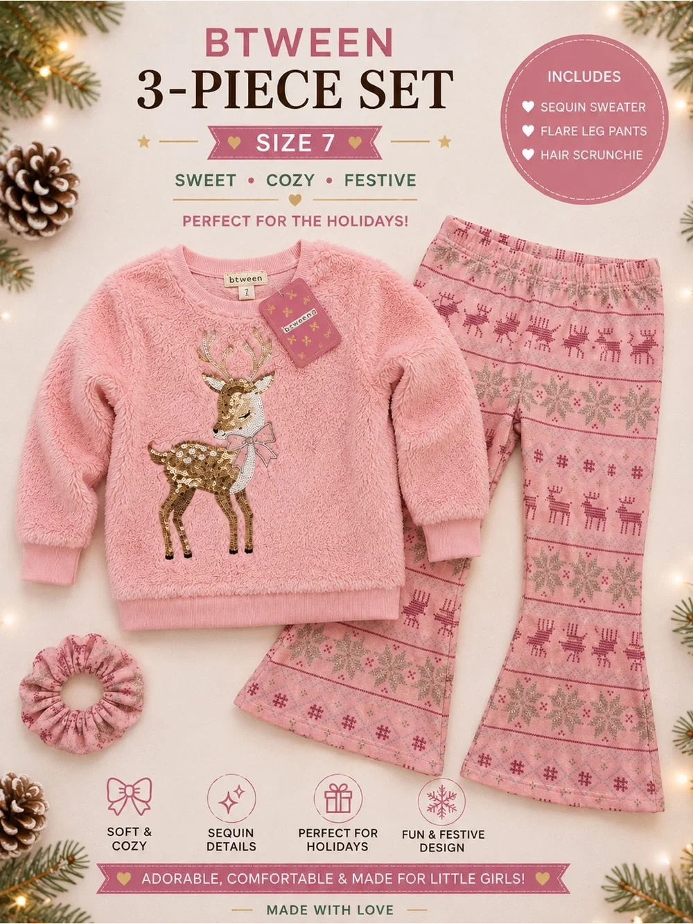 btween Pink 3-Piece Girls' Holiday Pajama Set with Sequin Reindeer